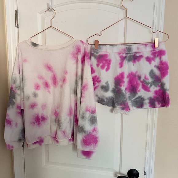 Free People Kelly Lounge Set Medium Pink Grey Tie Dye Excellent Fleece - Picture 9 of 9